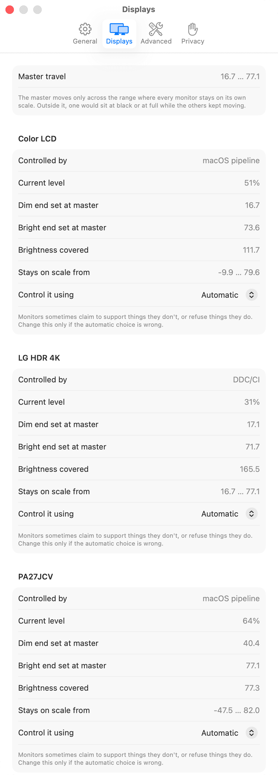The Displays tab: the master's travel across the top, then a block for each monitor: how its brightness is being controlled, its current level, where its two calibration points sit, and the range over which it stays on scale