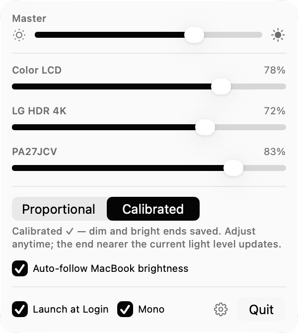 Brightness Controller’s Mac menu bar popover: one master brightness slider above a slider for each display, built-in, LG and ASUS, set to 78, 72 and 83 percent so all three look equally bright